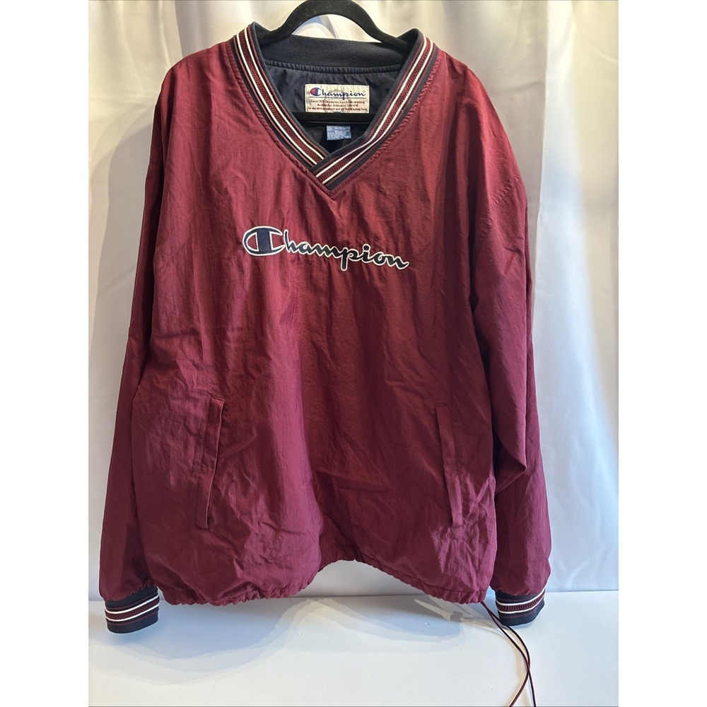 Vintage Champion Windbreaker Jacket Coat Mens XL Maroon Pullover V Neck 90s